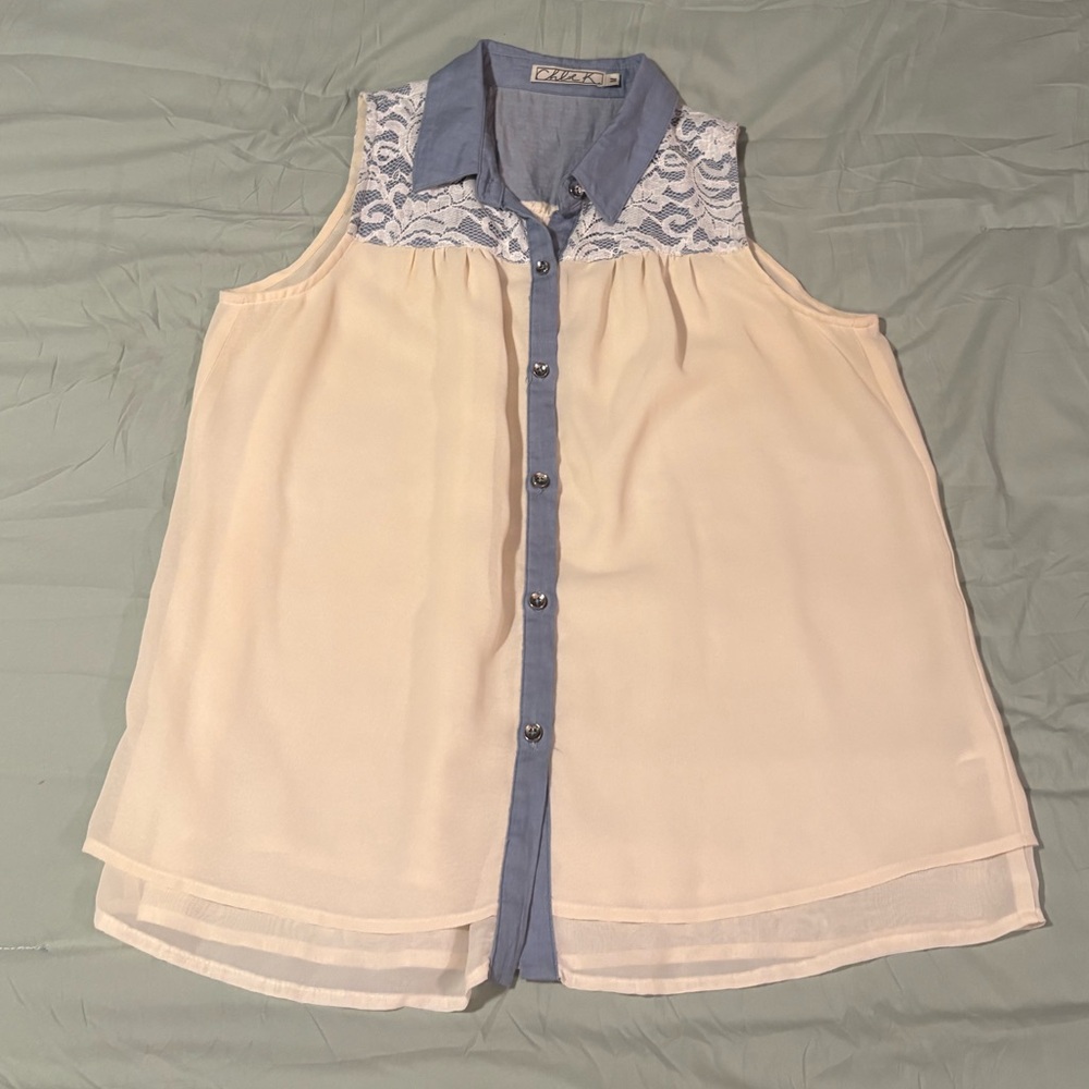 Chloe K Cream Sleeveless Top with Blue Lace Yoke